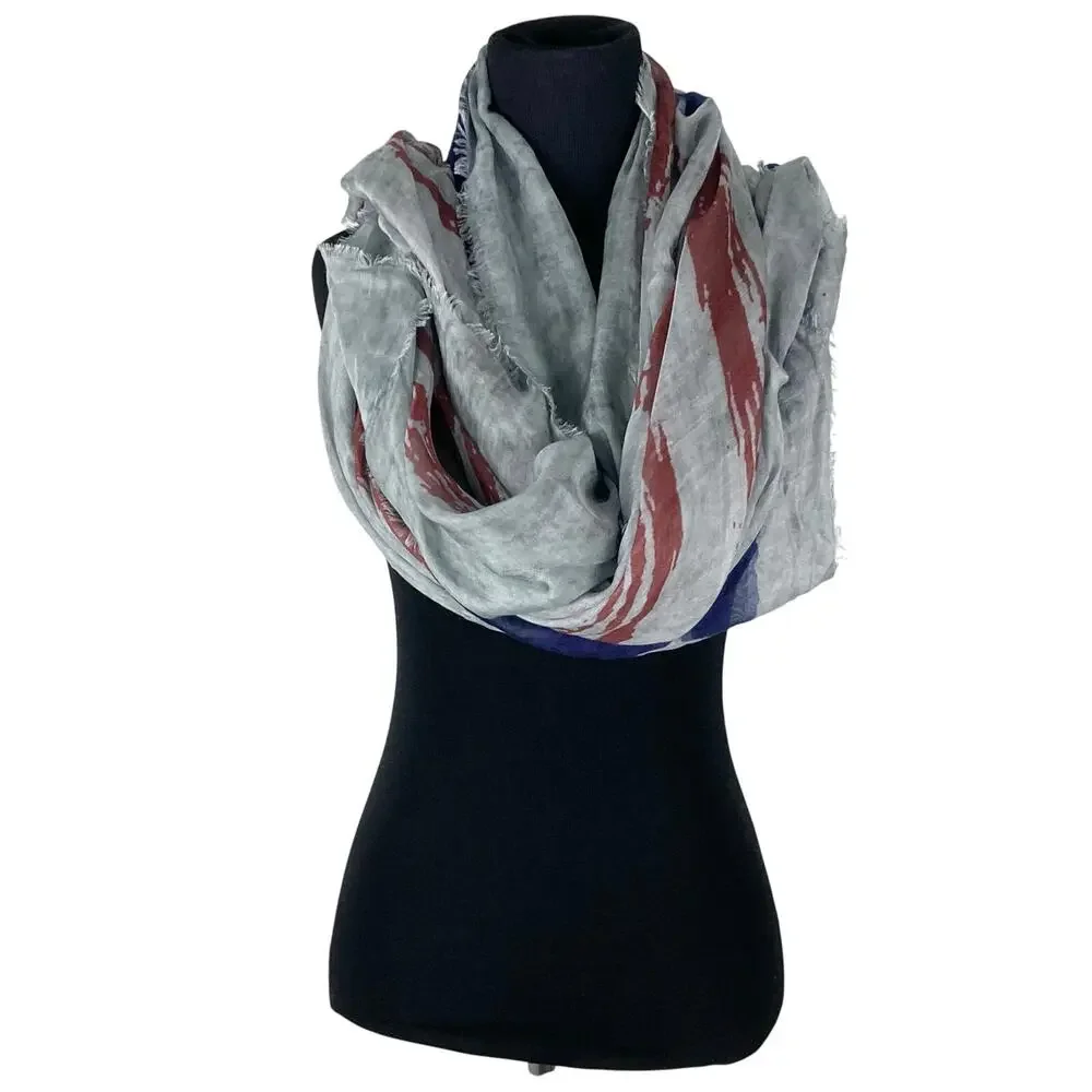 nwot YIGAL AZROUEL Scarf 72”x53”ITALY Cashmere Graphic Flag-USA Logo Fringe-Hem